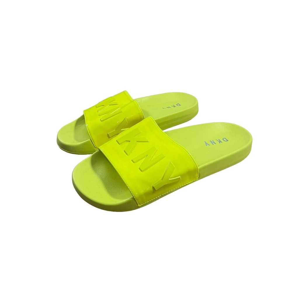 NWOT DKNY Women Neon Yellow Patent Leather Slide Sandals Size‎ U.S 7.5